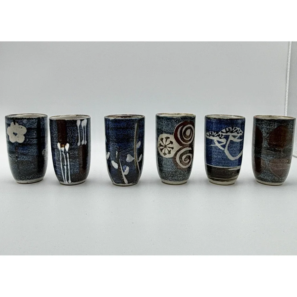 Studio Pottery Stoneware‎ Yunomi Tea Cups Set of 6 Blue Glaze Hand Painted Decor
